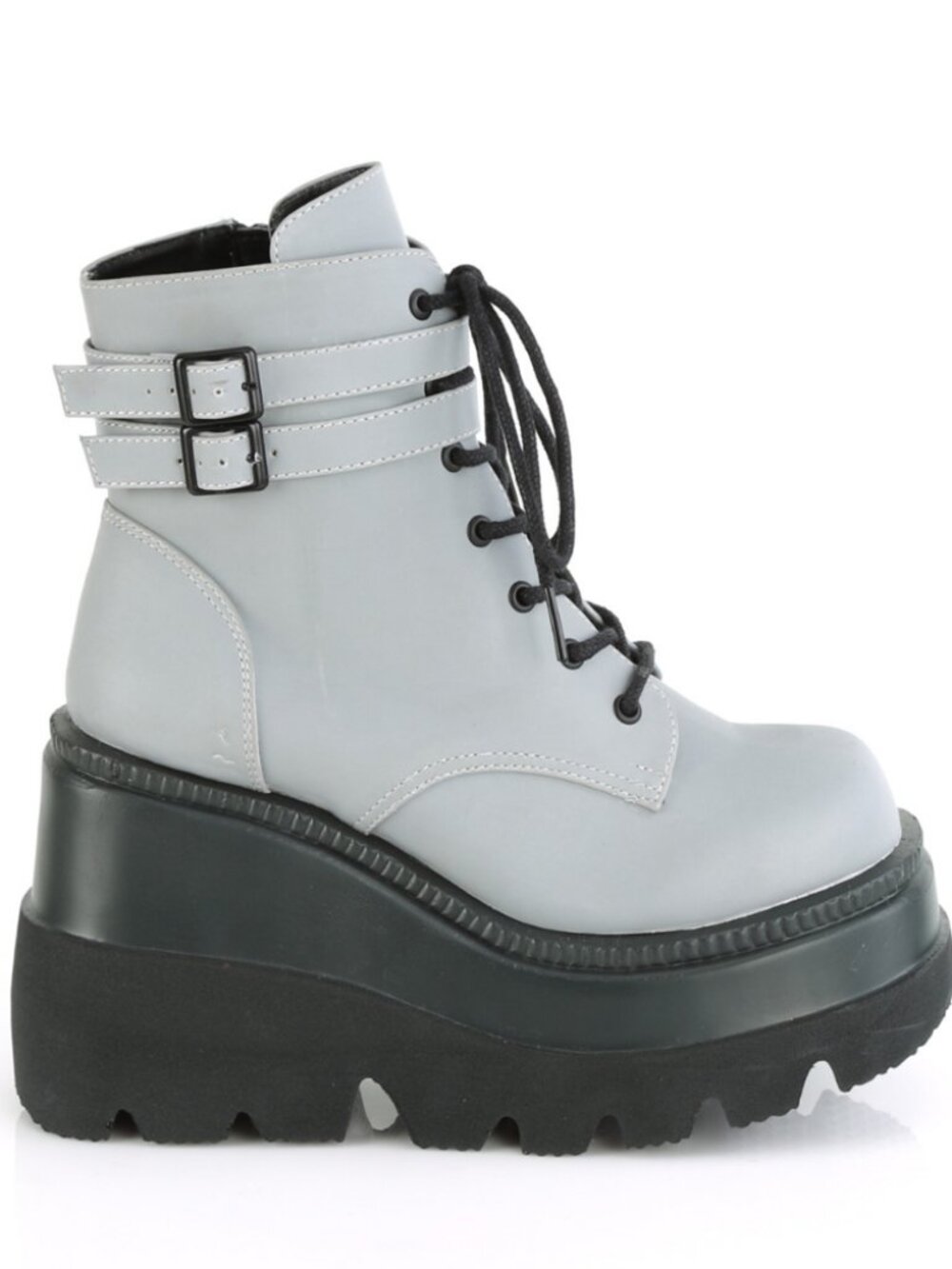 Grey Reflective Ankle Boots with Double Buckled Ankle Straps